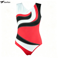 Magnifique justaucorps de gymnastique sans manches rouge orné de strass mystiques en spandex pour filles, ensemble de danse et d'entraînement