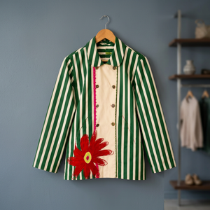 Chaqueta de algodón a rayas, chaqueta cruzada, blazer verde a rayas, chaqueta con motivos florales, abrigo a rayas para mujer, blazer de algodón Jaipur - Product Image 3