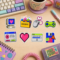 Autocollants personnalisés en pixel art, dessins animés, imperméables, rétro, néon, 8 bits, autocollants décoratifs en vinyle découpés à la forme, pour ordinateur portable