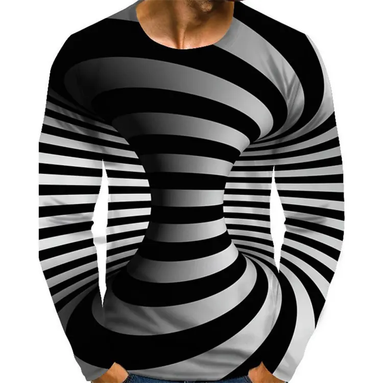 Mens Shirts Graphic Optical Illusion Plus Size Print Long Sleeve T-shirts Spring Summer Streetwear Exaggerated Round Neck Tops
