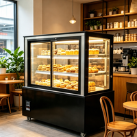 Vitrine commerciale à double porte coulissante pour gâteaux, en marbre et acier inoxydable, avec éclairage LED et étagères réglables