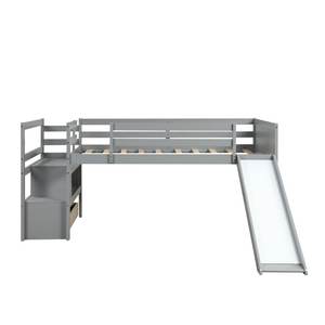 <b>Solid</b> <b>Wood</b> Twin Over Twin Low <b>Bunk</b> <b>Bed</b> with Slide and Ladder Guardrail for Kids-for Hotel Living Room or Bedroom - Product Image 2
