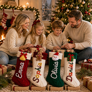 Chaussette <span class=keywords><strong>de</strong></span> Noël personnalisée en tricot torsadé avec broderie <span class=keywords><strong>de</strong></span> nom en corde, Décoration <span class=keywords><strong>de</strong></span> cheminée avec personnage 3D, Tricot texturé, Présentation pour cheminée - Product Image 5