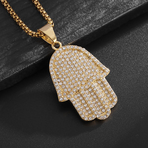 Titanium Steel Hamsa <b>Hand</b> Pendant Necklace Pave Setting Stainless Steel Unisex Gift Jewelry - Product Image 3