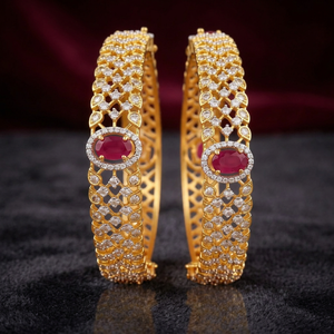 18K Gold Plated Brass Cubic Zirconia Oval <b>Ruby</b> Bangle Set Luxurious Bridal CZ Cutwork Openable Hand Cuffs For Women - Product Image 3