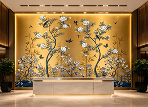 カスタム自己粘着ウォールステッカー印刷ダーク背景シノワズリ金色の花柄壁画壁紙ホームリビングルーム壁紙 - Product Image 4