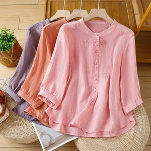 Women's Linen Shirt With Embroidered Flowers Three Quarter Sleeve Stand Up Collar Retro Loose Fit For Everyday Wear - Product Image 1
