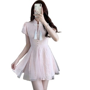 Traditional Chinese Dress Women Light Pink Short Sleeve Solid Color Splicing Irregular Party Dress Polyester Fabric - Product Image 5