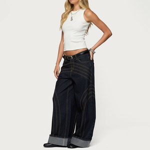 <span class=keywords><strong>Jeans</strong></span> Anchos <span class=keywords><strong>para</strong></span> Mujer, Estilo Vintage, Color Índigo, con Costuras en Contraste, <span class=keywords><strong>para</strong></span> Uso Diario, MOQ Bajo, 2026 - Product Image 3