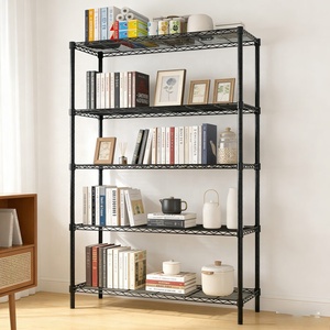 Étagère à roulettes noire à 5 niveaux en fil métallique réglable, bibliothèque en acier, organisateur de livres pour la maison et le bureau - Product Image 1