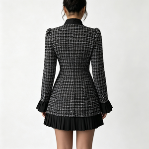 Vestido Mini de Tweed Negro para Mujer, Manga Larga, Cuello con Lazo, Botones de Perla en la Parte Delantera, Dobladillo Plisado, Elegante para Oficina o Fiesta - Product Image 3