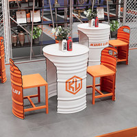 Ensemble table et tabourets de pub en fût d'huile industriel vintage, mobilier en métal personnalisé avec logo pour café et restaurant