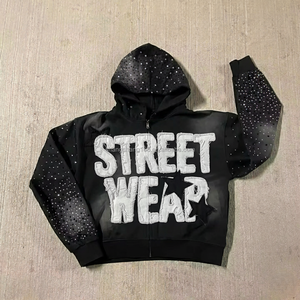 <strong>Guangzhou</strong> Shangshang 500gsm Heavyweight Custom Design Boxy Fit Oversized Rhinestone Stone Washed Distressed Embroidery Hoodie - Product Image 2