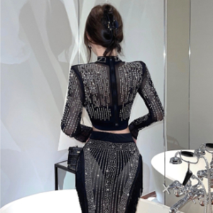 طقم فاخر من قطعتين مع أحجار الراين ذات الإصلاح العاجل + خصر مرتفع غير منتظم تنحنح بدلة تنورة بشراشيب - Product Image 2