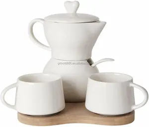 White Porcelain with heart sugar and cream holder 2 Espresso Cups set Sugar & Creamer holder White On Bamboo Carry On Tray