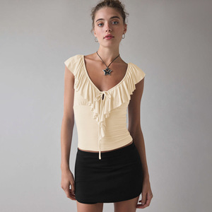 Spring and Summer Collection Breathable Knitted V-neck <strong>Backless</strong> <strong>Blouse</strong> with Ruffles Sleeveless Top Design - Product Image 3
