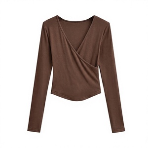 Women's Slim Fit <b>V</b>-<b>Neck</b> <b>Long</b> <b>Sleeve</b> Asymmetric Crop <b>Top</b> Knitted Solid Color Breathable Spandex Cotton T-Shirt - Product Image 3