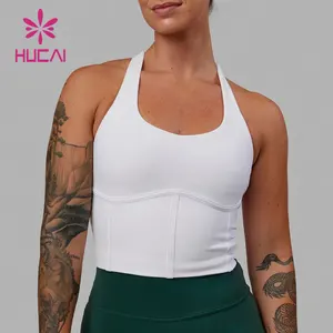 HUCAI Custom Logo Recycled Nylon Racerback Contoured U Neck Slim Fitting Curved Workout Gym Yoga Crop Tank Top Sports Bra