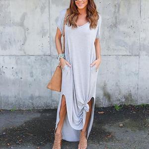 Tasca Allentati Casuali delle donne <span class=keywords><strong>Vestito</strong></span> Lungo Manica Corta Split Maxi Abiti - Product Image 6