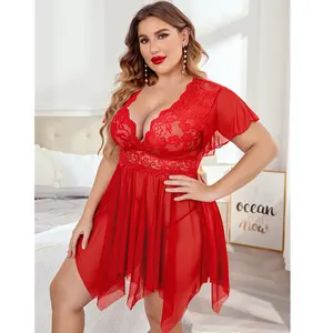 Lencería Sexy Europea y Americana, de Encaje, Transparente, con Tirantes, Pijamas Divertidos para Parejas, Talla Grande, de Jersey - Product Image 3