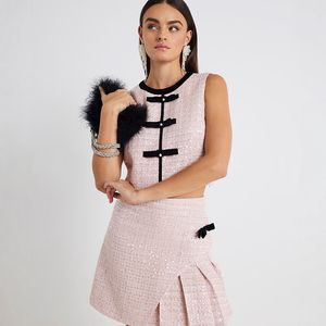 Gilet décontracté en laine courte pour femme - Haut en velours à nœud en tweed, lourdement orné de paillettes, col en V, imprimé en relief, mignon et exquis - Product Image 4