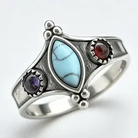 ZhuQian Grosir Cincin Gaya Etnik Pirus Biru Marquise untuk Wanita Perhiasan Klasik Warna Perak Samping Zirkon Bulat Bohemian