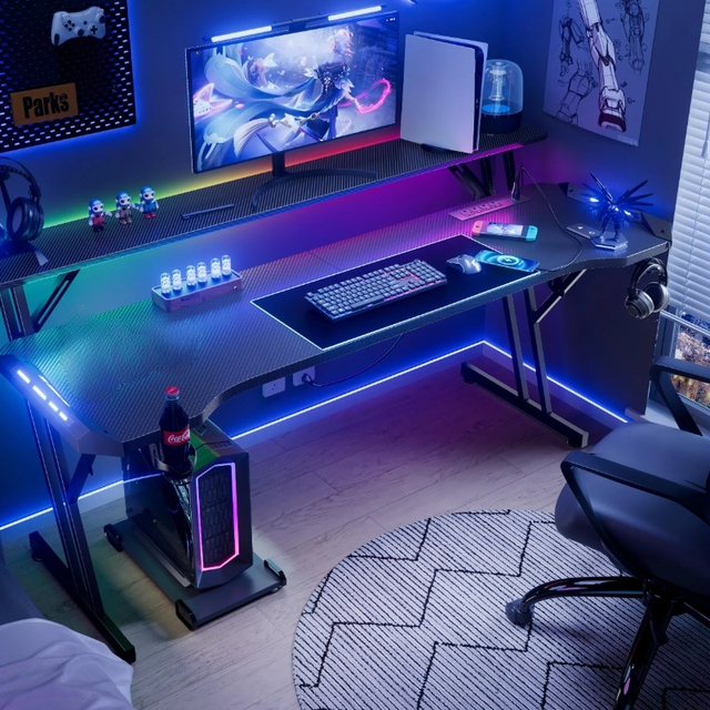 Carbon Fiber Surface Large PC Escritorio Gamer Desk Ergonomic RGB LED Lights Computer Gaming Table with Monitor Shelf