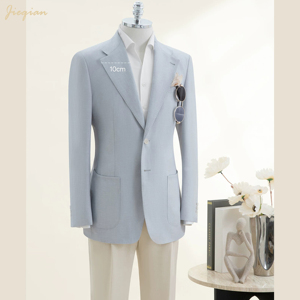 <span class=keywords><strong>Blazer</strong></span> da Uomo su Misura Blu Chiaro, Lussuoso in Misto Lino, Vestibilità Slim, per Matrimonio, Sposo, Business, Giacca Estiva Formale da Cerimonia - Product Image 5