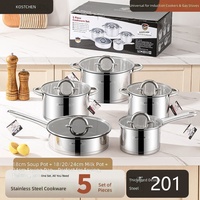 Ensemble de 5 casseroles universelles coréennes en acier inoxydable 201 épaissi, à double fond, pour cuisinière, avec marmite à soupe et ustensiles de cuisson pour friture, pour le marché international