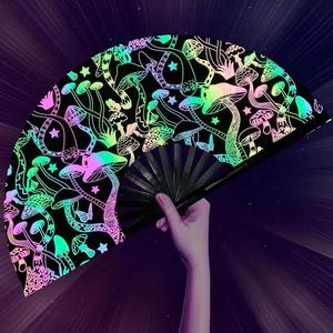 Holographic Painted <b>Large</b> Reflective Spider Like Bamboo Hand <b>Fan</b> 33cm High Premium Clack Rave for Party Use - Product Image 1