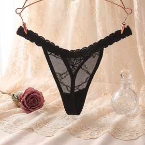 Culottes string noires en dentelle transparente pour femmes, broderie florale, maille sexy, sous-vêtements taille basse, lingerie grande taille en gros - Product Image 1