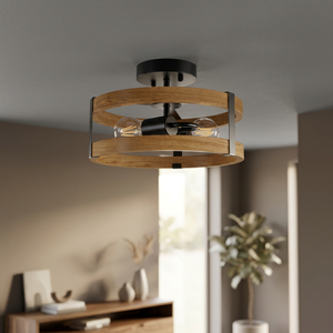 FC-005 Industrial 2-<b>Light</b> E26/E27 Flush Mount Ceiling <b>Light</b> Black Wood Grain Iron Hanging Lamp Living Room ETL RoHS Certified - Product Image 2