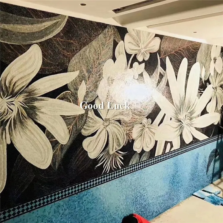 Fashionリビングルームの花ハンドカットガラス壁壁画パネルアートモザイク