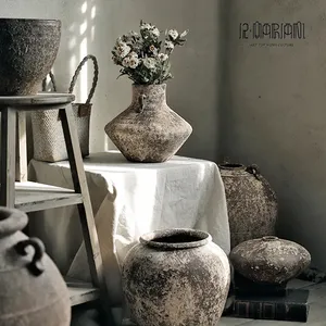 Retro Vintage Nordic Chinese Handmade Rustic Pottery Shabby Chic Decoration Home Antique Ceramic Terracotta Vase