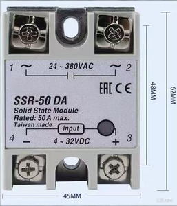 Relé de Estado Sólido SSR-50 DA, 50A, 380VAC, Entrada 4-32VDC, Fabricado en Taiwán, Miniatura, 4P, Terminal de Tornillo, 1 Contacto Normal Abierto - Product Image 1