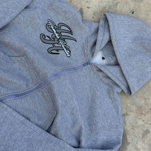 Conjunto de Dos Piezas ASISTO INDUSTRIES: Sudadera con Capucha Cómoda con Cierre y Logotipo Bordado en Gris Jaspeado para Hombre y Mujer, Pantalones Jogger Personalizados de Felpa de Algodón - Product Image 3