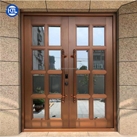 Porte double en acier à grain de bois personnalisé de haute qualité - Entrée de bâtiment résidentiel avec verre