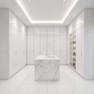 <span class=keywords><strong>Armadio</strong></span> Moderno Bianco Lucido con Apertura a Spinta, Senza Maniglie, con Isola Vanity in Marmo, Espositore per <span class=keywords><strong>Scarpe</strong></span>, a L, Personalizzato per Camera da Letto - Product Image 1