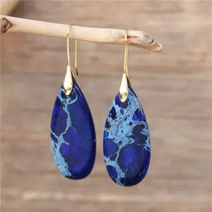 Mode pierre naturelle bleu impérial jaspe or larme crochet boucles d'oreilles pour femmes Boho géométrique bijoux en gros