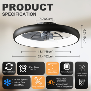 24.4" Large Size Black Ultra-Thin Ceiling <b>Fan</b> with Light 3-Color Temp Dimmable, <b>Remote</b> & APP Ideal for Large Rooms Living Areas - Product Image 6