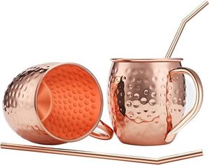 Juego de 2 tazas de cóctel Moscow Mule pulidas de cobre brillante con pajita y medidor de clavijas, Decoración de mesa y accesorios de Bar - Product Image 6