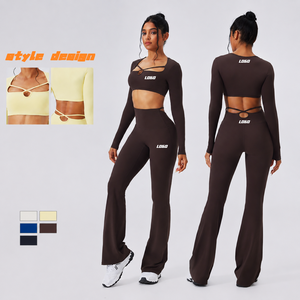 Conjunto <span class=keywords><strong>de</strong></span> Yoga con Logotipo Personalizado para Mujer, Pantalones Acampanados con Corte, Top Corto <span class=keywords><strong>de</strong></span> Manga Larga, Conjunto Deportivo con Tirantes, Ropa <span class=keywords><strong>de</strong></span> Gimnasio <span class=keywords><strong>de</strong></span> Secado Rápido - Product Image 1