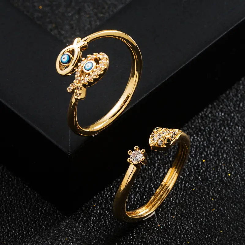 New 18K Gold Plated Fine Jewelry Accesorios Devil Eyes Snakeshape Ring Crystal Diamond Ajustável Anéis de cobre para homens e mulheres