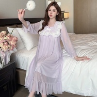 Style maille avec coussin de poitrine printemps automne vêtements de nuit à manches longues dentelle douce à volants salon femmes chemise de nuit ensembles