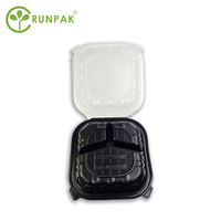 Boîte à lunch jetable en PP écologique 10x10 pouces, 3 compartiments, noire transparente, Guangdong, compatible micro-ondes, pour sushis, sandwichs, nouilles, à emporter