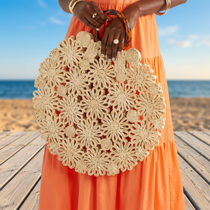 Crochet Hollow Out Beach Tote <b>Bag</b> With Round Handle Bohemian Style Open Top Casual Women's Summer Handbag - Product Image 6