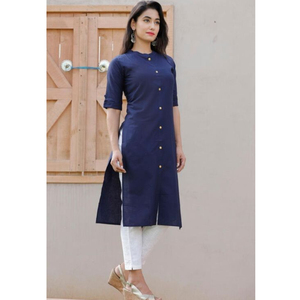Compre Kurti de Algodón de Primera Calidad para Mujer, Corte en A, Color Azul Sólido, Estilo Casual, Cuello Mandarín, Kurta Étnica, Top para Uso Diario - Product Image 1