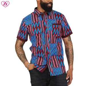 Vêtements dashiki personnalisés pour hommes africains en bleu à manches courtes Chemises africaines à imprimé Kente Batik pour hommes