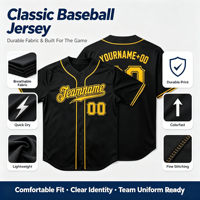 Maillot de baseball noir et jaune personnalisé, fabrication directe d'usine OEM ODM, boutonné pour équipe