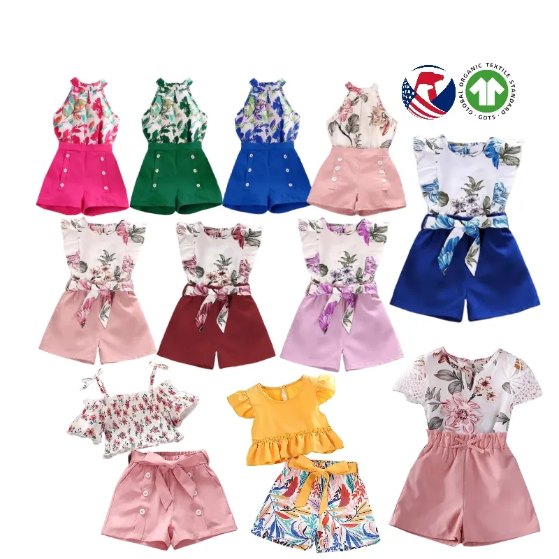 Ropa para niños Verano Sin mangas Impreso Halter Top Shorts Floral 2 Piezas Conjuntos de ropa para niñas